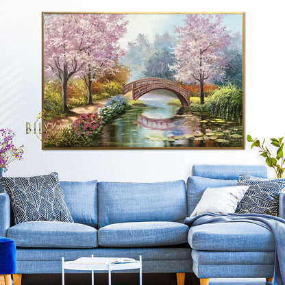 Japanese Garden Painting on Canvas Claude Monet Water Lily Pond Oil Painting Original Pink Cherry Blossom Painting