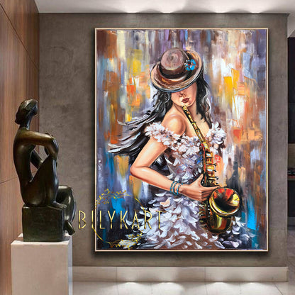 Saxophonist Woman Oil Painting Jazz Music Art Original Woman in Hat Painting Music Player Gift Saxophone Abstract Painting on Canvas