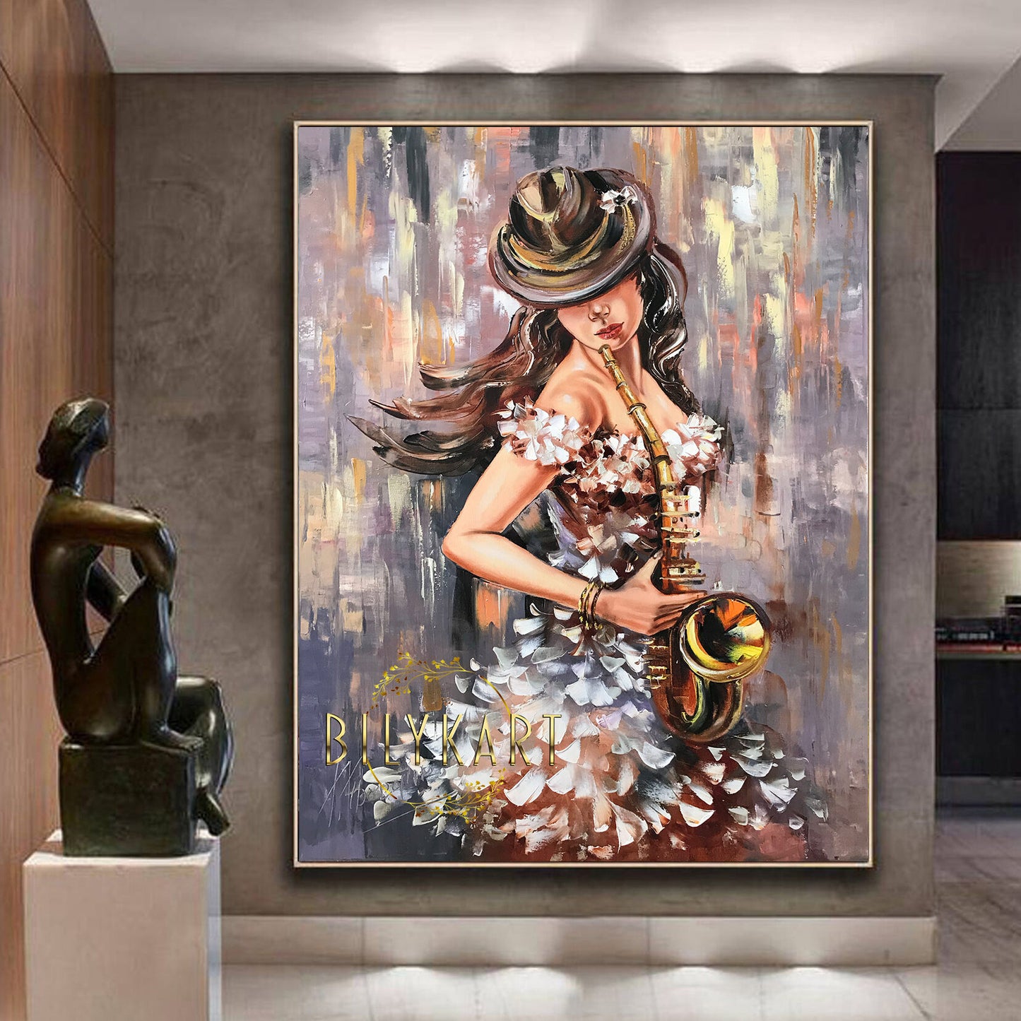 Abstract Figurative Painting Woman Playing Saxophone Oil Painting Original Abstract Figurative Art Jazz Painting Gray Gold Painting Abstract Woman Art