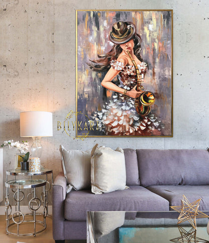 Abstract Figurative Painting Woman Playing Saxophone Oil Painting Original Abstract Figurative Art Jazz Painting Gray Gold Painting Abstract Woman Art