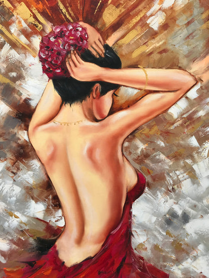 Lady in Red Oil Painting Original Woman Back Painting Abstract Woman in Red Dress Wall Art