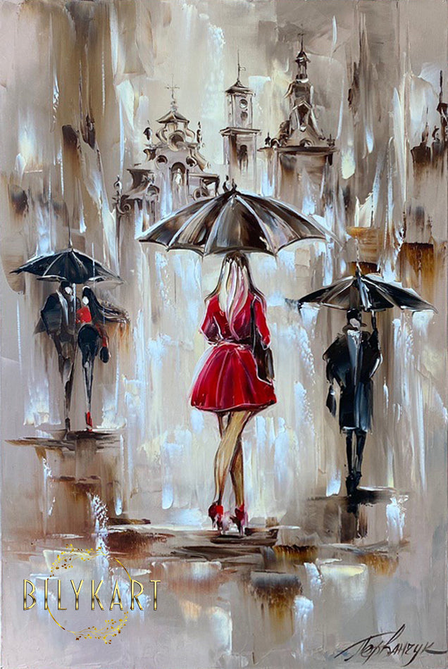 Lady in red under umbrella oil painting by BilykArt