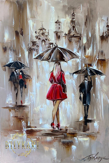 Lady in red under umbrella oil painting by BilykArt