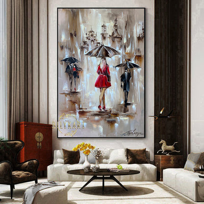 Large Woman Under Umbrella Oil Painting on Canvas, Abstract Rainy City Art, Extra Large Elegant Lady in Red Painting