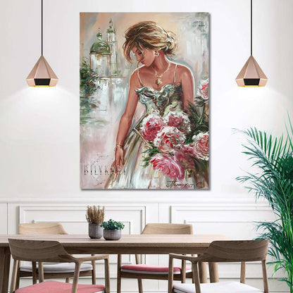 Lady with Flowers Painting on Canvas Wedding Gift for Bride Flower Woman Wall Art Custom Artwork Original Woman in Green Dress Oil Painting