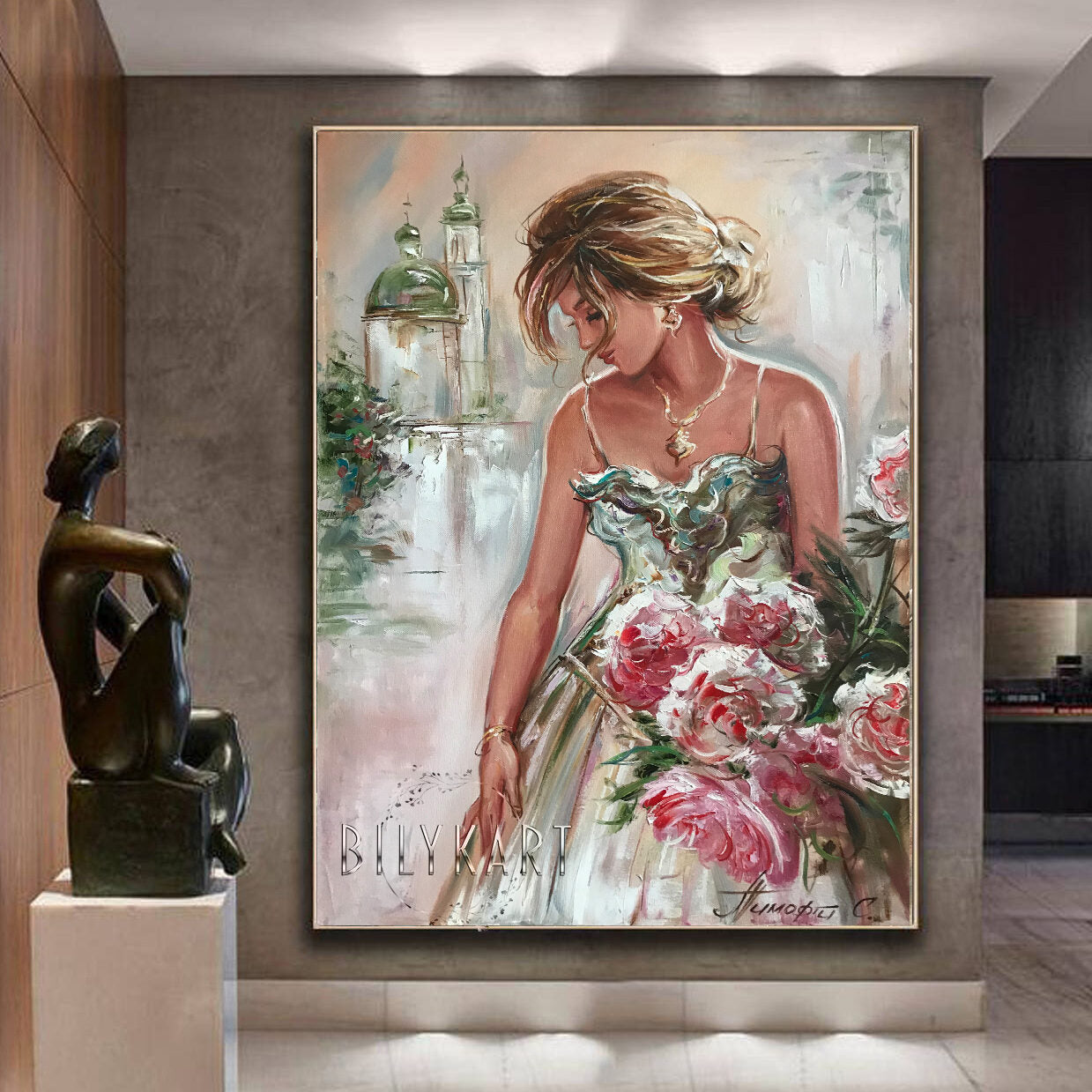 Lady with Flowers Painting on Canvas Wedding Gift for Bride Flower Woman Wall Art Custom Artwork Original Woman in Green Dress Oil Painting