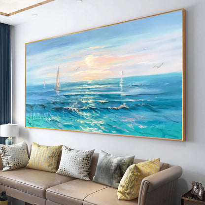 Large Seascape Paintings Abstract Blue Sea Waves Wall Art Beautiful Sea Sunset Oil Painting Big Blue Ocean Painting Boat Artwork
