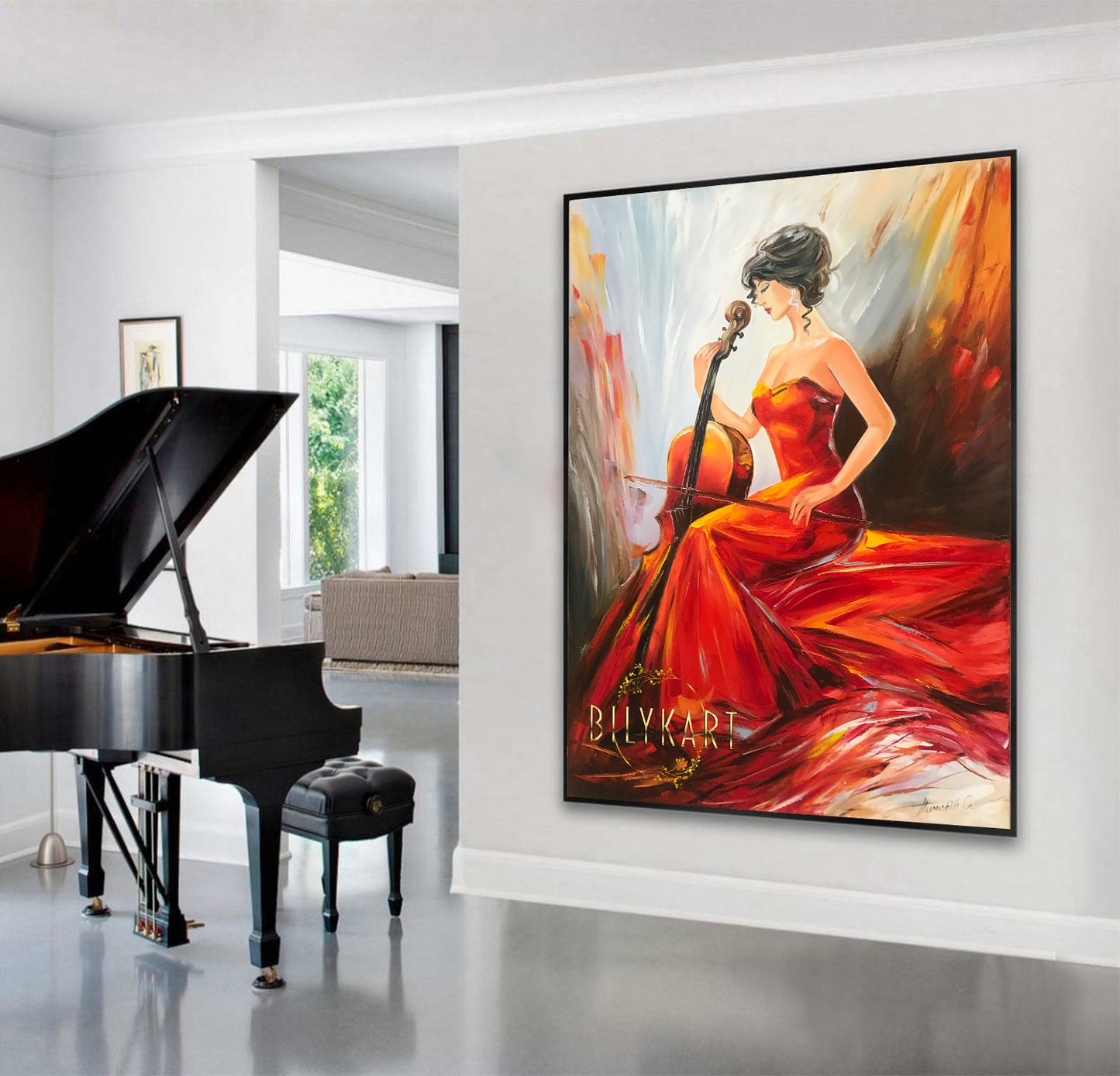 Woman Playing Cello Painting on Canvas Classical Music Player Framed Wall Art Girl with Cello Oil Painting Music Artwork