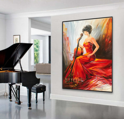 Woman Playing Cello Painting on Canvas Classical Music Player Framed Wall Art Girl with Cello Oil Painting Music Artwork