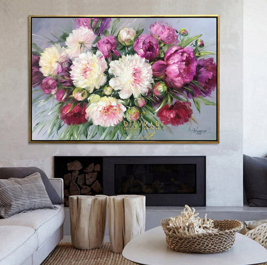 Large Peony Oil Painting on Canvas, Extra Large Floral Framed Art, Pink White Peonies Oil Painting, Peony Art
