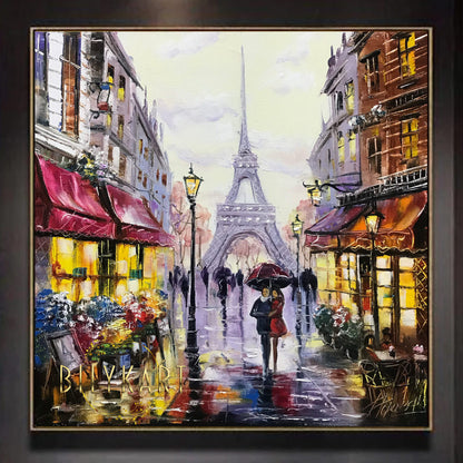 Rainy Day in Paris Painting on Canvas Big Paris Wall Art Parisian Cafe Painting Original Large Parisian Street Scene Oil Painting