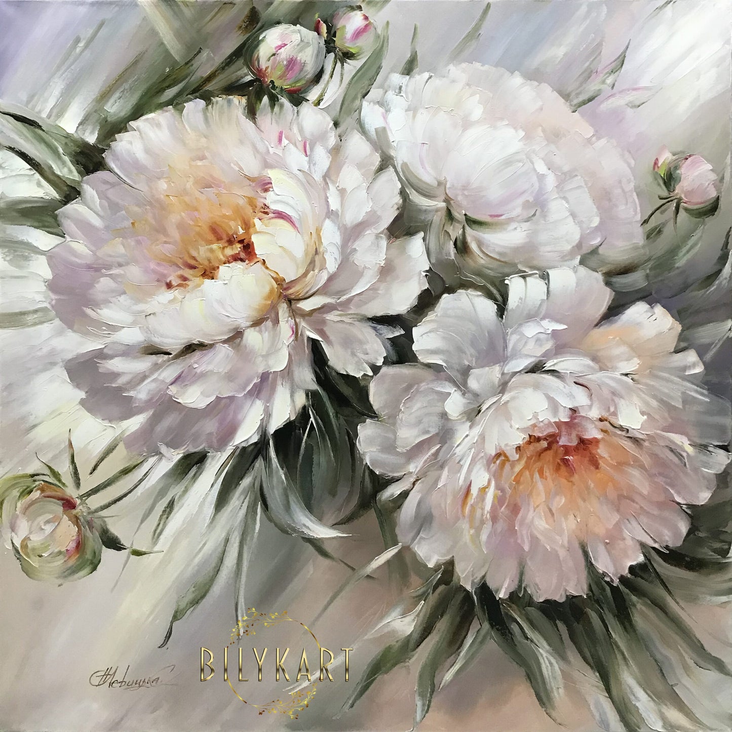 Large Abstract White Peonies Oil Painting on Canvas by BilykArt Gallery