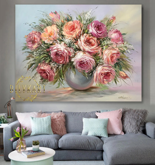 Pink Roses in a Vase Oil painting Original Large Floral Wall Decor Still Life Flowers in Vase Painting on Canvas Flower Artwork