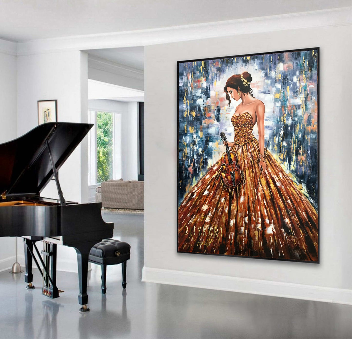 Extra Large Abstract Woman Oil Painting on Canvas Abstract Navy Blue Music Canvas Wall Art Beautiful Modern Girl Painting Music Artwork