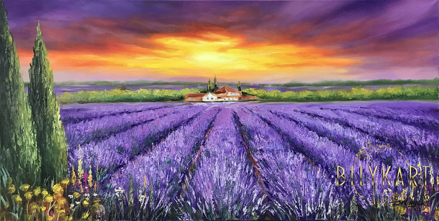 Lavender Field Oil Painting Original Italy Countryside Paintings Italian Landscape Wall Art Tuscany Painting Framed Tuscan House Painting on Canvas