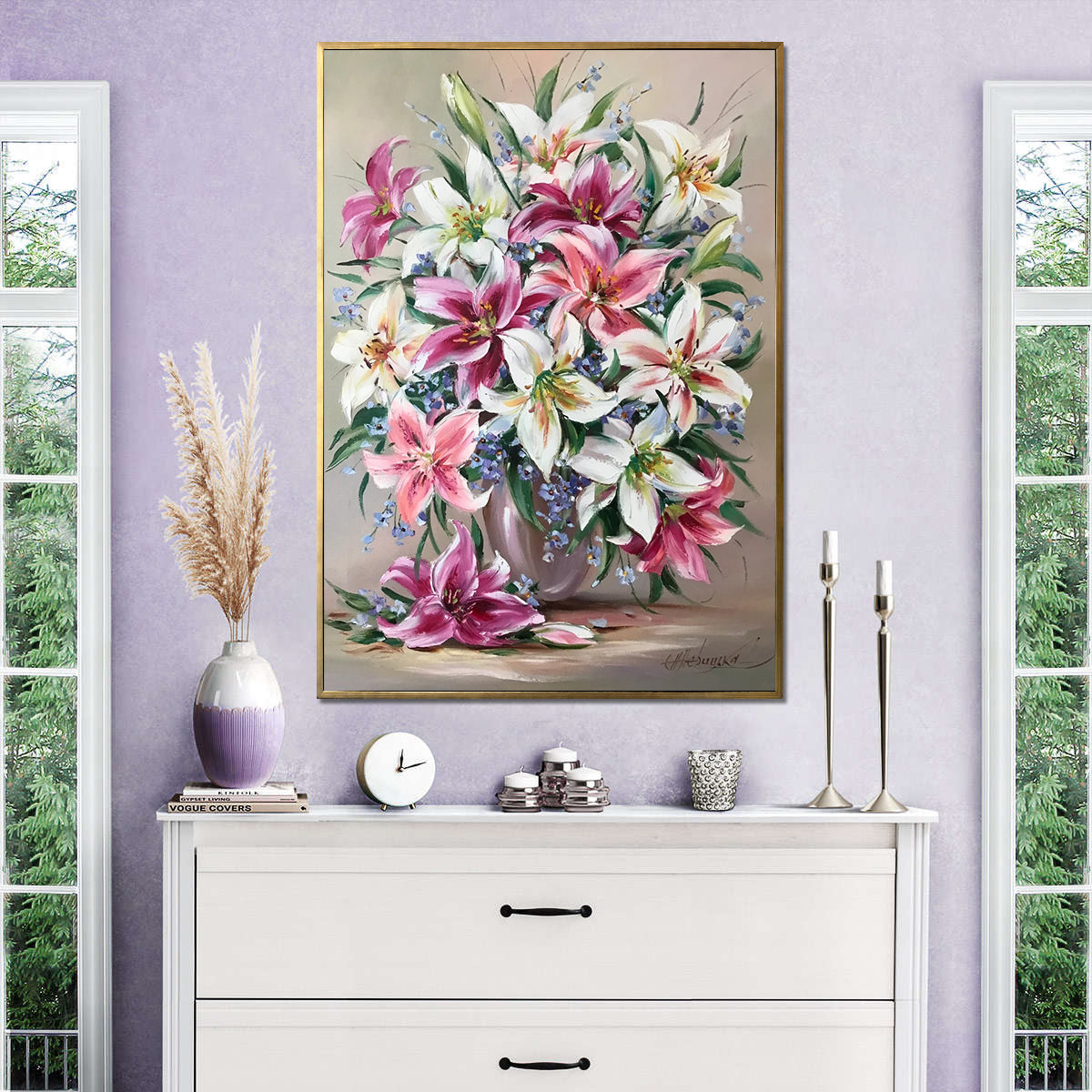 Stargazer Lily Painting on Canvas Pink Flowers Canvas Wall Art Flowers in Vase Art Work Large Lily Oil Painting Original Artwork