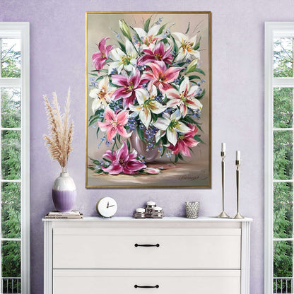 Stargazer Lily Painting on Canvas Pink Flowers Canvas Wall Art Flowers in Vase Art Work Large Lily Oil Painting Original Artwork