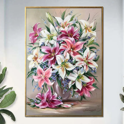 Stargazer Lily Painting on Canvas Pink Flowers Canvas Wall Art Flowers in Vase Art Work Large Lily Oil Painting Original Artwork