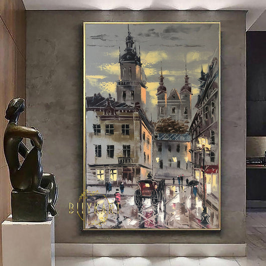 Abstract Cityscape Painting on Canvas Europe Street Scene Oil Painting European Decor Parisian Old Town Framed Art Europe Travel Gifts