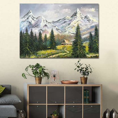 Snowy Mountain Landscape Painting on Canvas Large Nature Painting Pine Trees Wall Art House in Forest Oil Painting Original Smoky Mountain Art