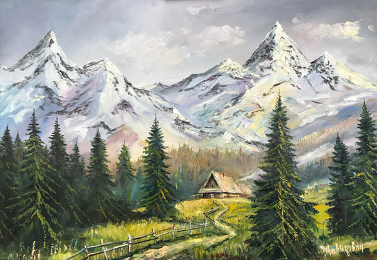 Snowy Mountain Landscape Painting on Canvas Large Nature Painting Pine Trees Wall Art House in Forest Oil Painting Original Smoky Mountain Art