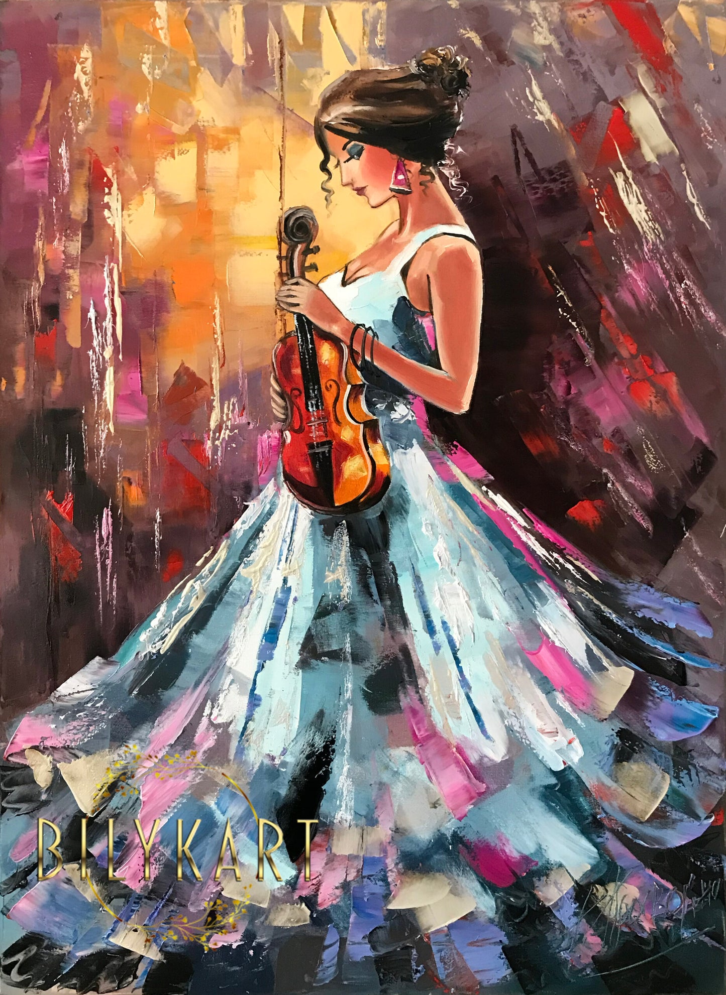 Elegant Lady with Violin Oil Painting Abstract Woman Wall Art Music Art Gift for Her Woman in Blue Dress Painting Oversized Modern Wall Decor Music Art
