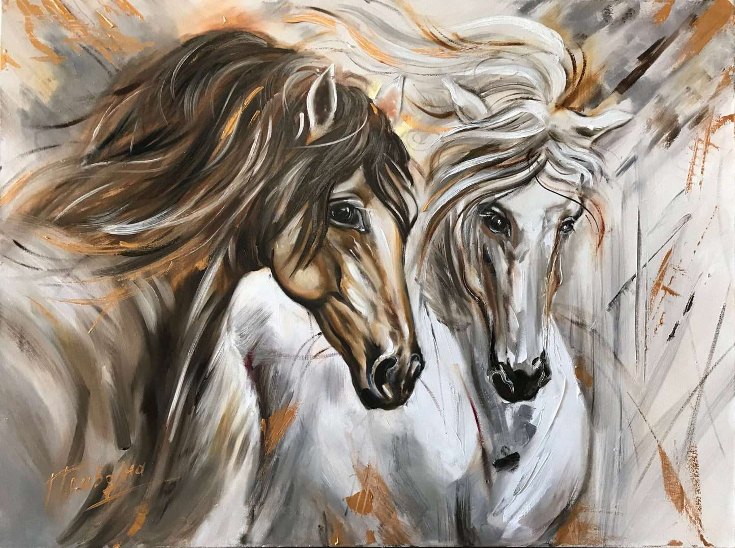 Large Horse Oil Painting on Canvas Abstract Wild Horse Art Two Horses Equestrian Painting Arabian Horse Artwork Extra Large White Horse Painting