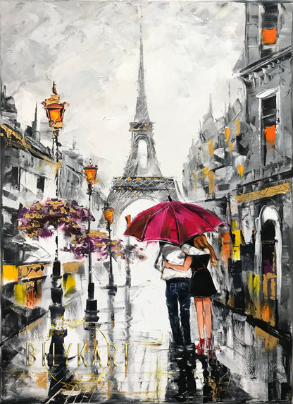 Rainy Day in Paris Oil Painting Original Couple Walking in Rain with Umbrella Painting Eiffel Tower Art Work Paris Street Scene Oil Painting Original