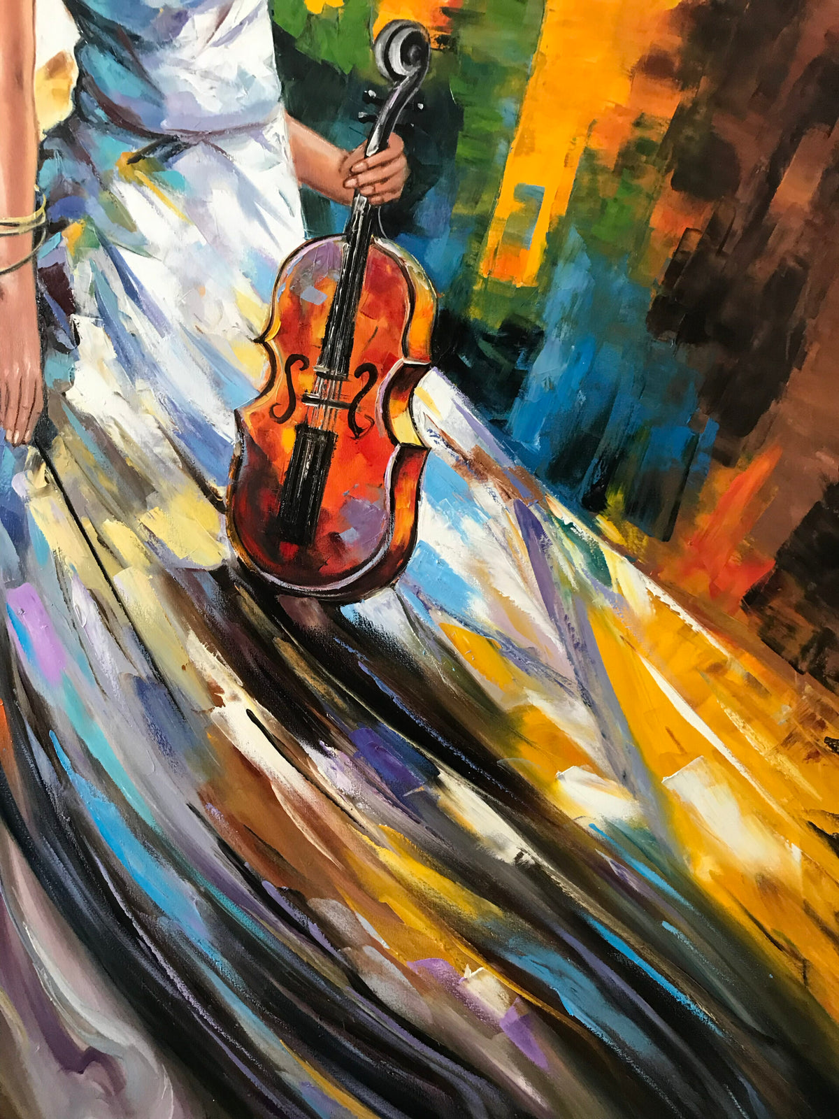 Lady with Violin Oil Painting Original Large Abstract Woman in White D ...