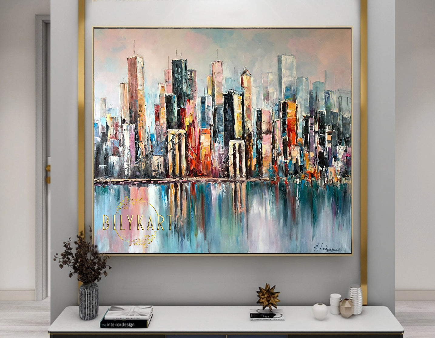 Large Abstract New York City Painting on Canvas, NY Brooklyn Bridge Oil Painting, NYC Skyline Wall Art, Sunset Abstract City Skyline Painting