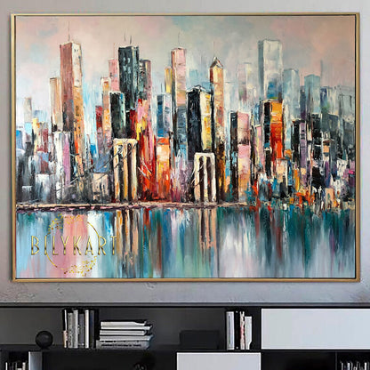 Large Abstract New York City Painting on Canvas, NY Brooklyn Bridge Oil Painting, NYC Skyline Wall Art, Sunset Abstract City Skyline Painting