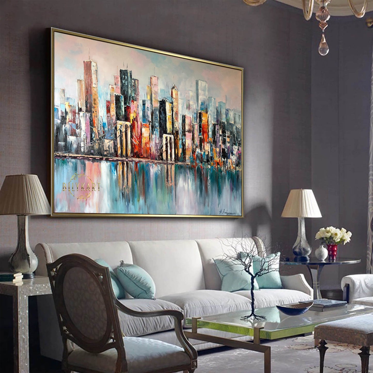 Large Abstract New York City Painting on Canvas, NY Brooklyn Bridge Oil Painting, NYC Skyline Wall Art, Sunset Abstract City Skyline Painting