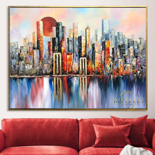 Large New York City Abstract Painting, Urban City Scape Painting, Extra Large NY Modern Wall Art Decor, NYC City Skyline Abstract Oil Painting