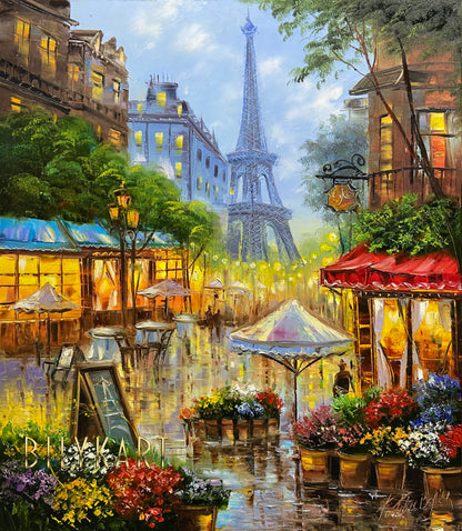 Large Parisian Street Scene Paintings on Canvas French Cafe Wall Art Evening in Paris Painting on Canvas Eiffel Tower Artwork