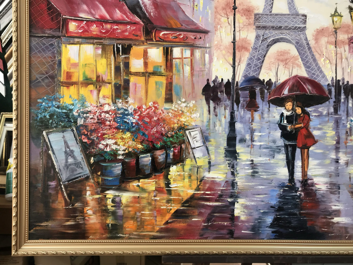 Love in Paris Oil Painting Original Red Umbrella Painting Eiffel Tower Art Evening Walk in Paris Couple in Love Art Night Time Wall Art