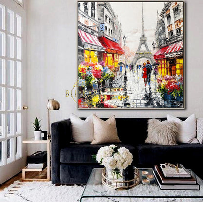 Paris Street Scene Oil Painting on Canvas, Eiffel Tower Painting, Parisian Artwork, Paris Cafe Painting Original