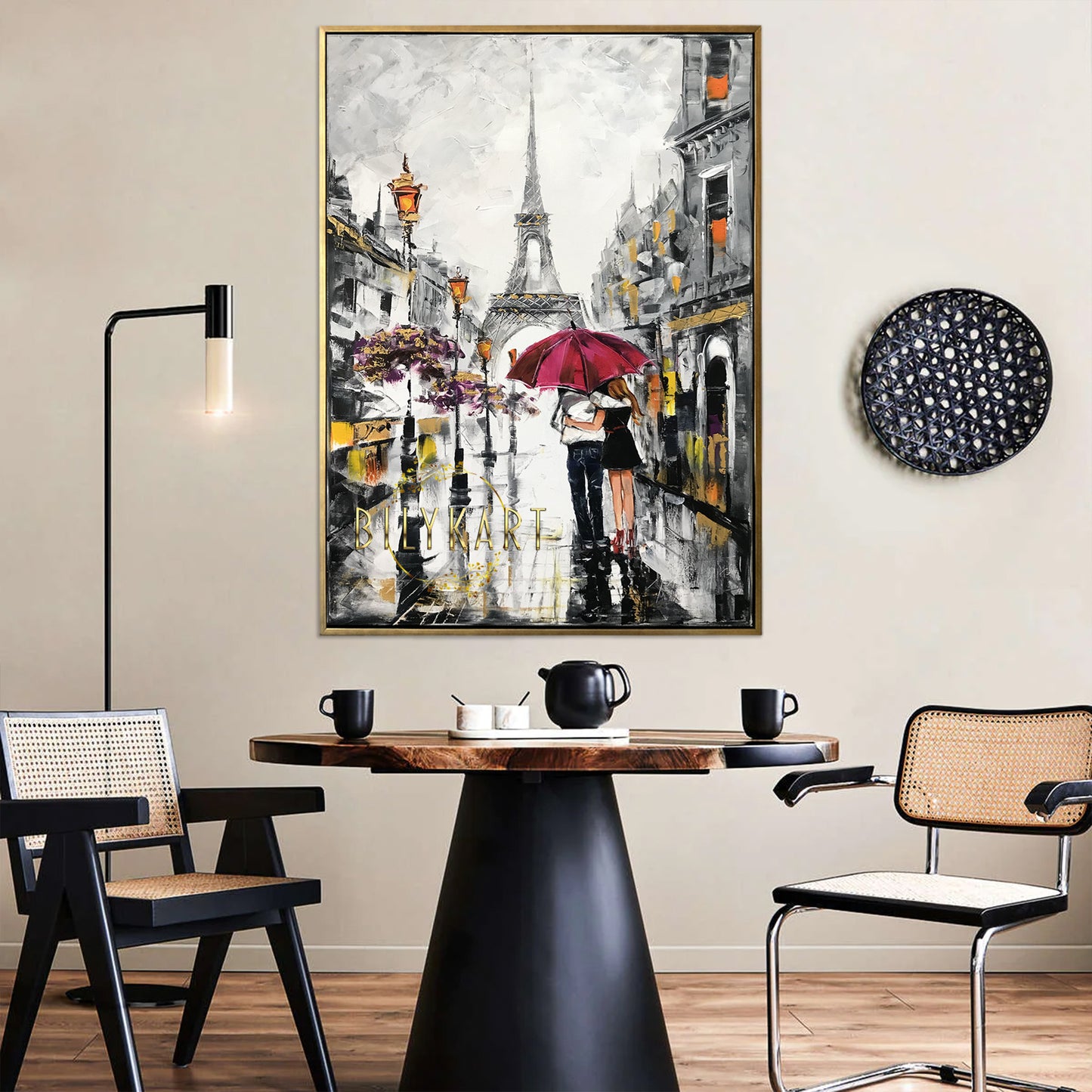 Rainy Day in Paris Oil Painting Original Couple Walking in Rain with Umbrella Painting Eiffel Tower Art Work Paris Street Scene Oil Painting Original