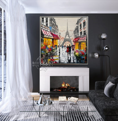 Paris Street Scene Oil Painting on Canvas, Eiffel Tower Painting, Parisian Artwork, Paris Cafe Painting Original