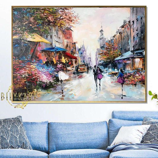 Abstract Cityscape Oil Painting Original France Cafe Scene Parisian City Street Wall Art