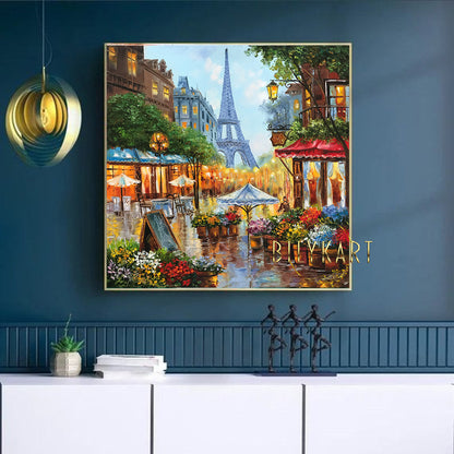 Cafe Paris at Night Oil Painting Original Eiffel Tower Wall Decor Evening in Paris Painting on Canvas