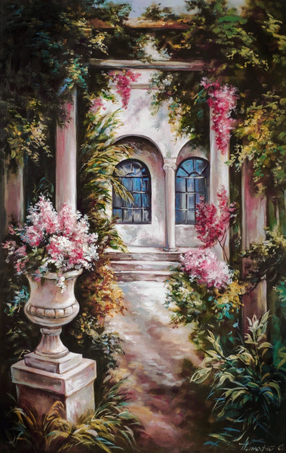 Italian Garden Painting on Canvas Italian Villa Oil Painting Original Flower Garden Wall Art Tuscany Painting Framed