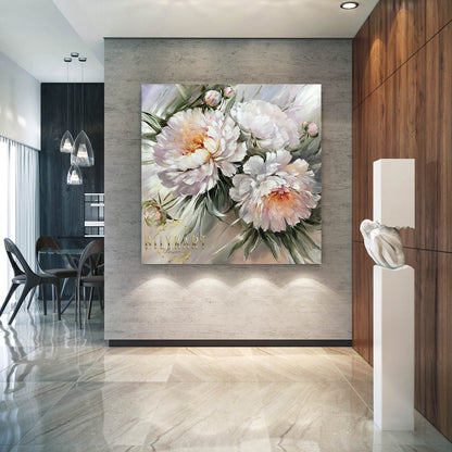 Large White Peonies Oil Painting on Canvas Abstract Peony Flowers Painting Blooming Flower Canvas Wall Art for Bedroom