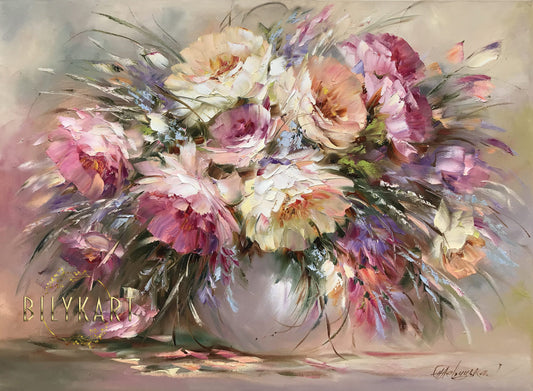 Large Peonies Abstract Oil Painting Original Pink Peony Wall Art Bouquet of Flowers in Vase Painting on Canvas