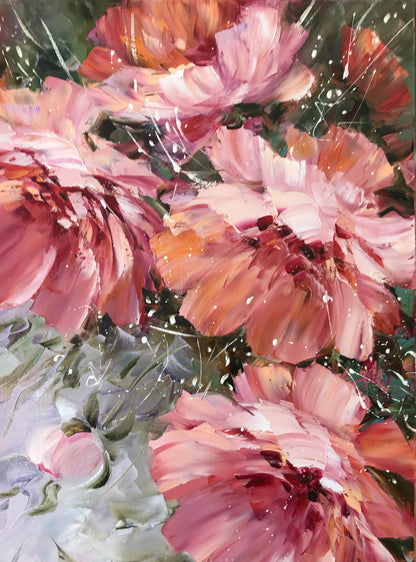 Pink Peonies Oil Painting on Canvas, Big Flowers Painting, Abstract Peony Artwork, Pink Flower Painting 30x60