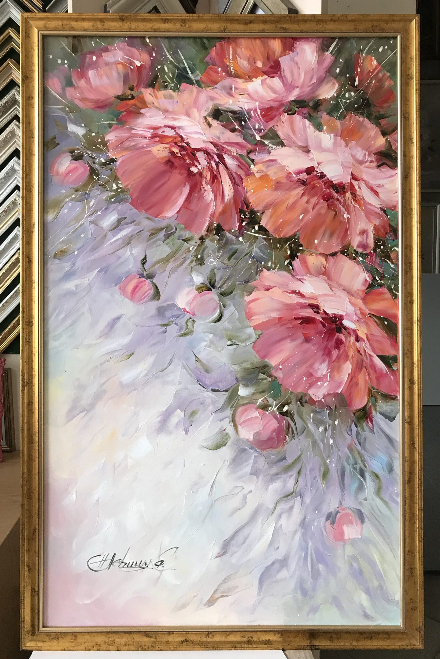 Pink Peonies Oil Painting on Canvas, Big Flowers Painting, Abstract Peony Artwork, Pink Flower Painting 30x60