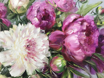 Large Peony Oil Painting on Canvas, Extra Large Floral Framed Art, Pink White Peonies Oil Painting, Peony Art