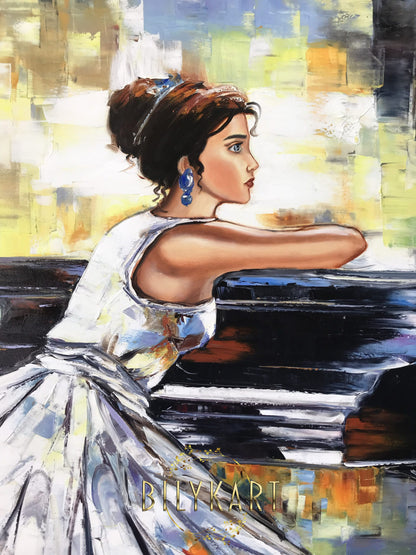 Pianist Oil Painting on Canvas Woman Grand Piano Wall Art Woman Sitting Art Elegant Lady Artwork Abstract Music Oil Painting Piano Gifts For Women Dress Painting