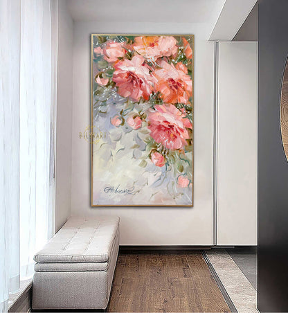 Pink Peonies Oil Painting on Canvas, Big Flowers Painting, Abstract Peony Artwork, Pink Flower Painting 30x60