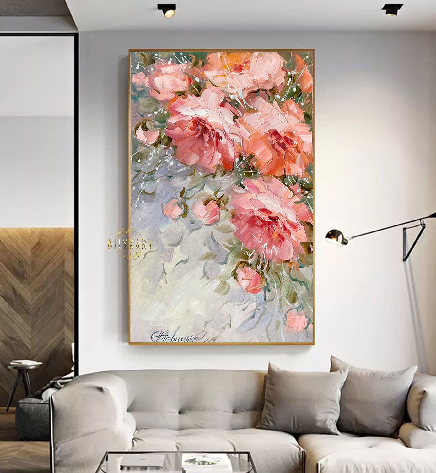 Pink Peonies Oil Painting on Canvas, Big Flowers Painting, Abstract Peony Artwork, Pink Flower Painting 30x60