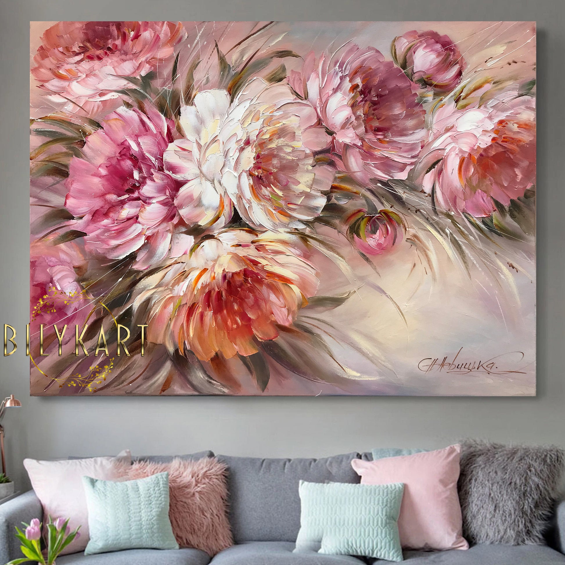 large pink peonies oil painting by BilykArt